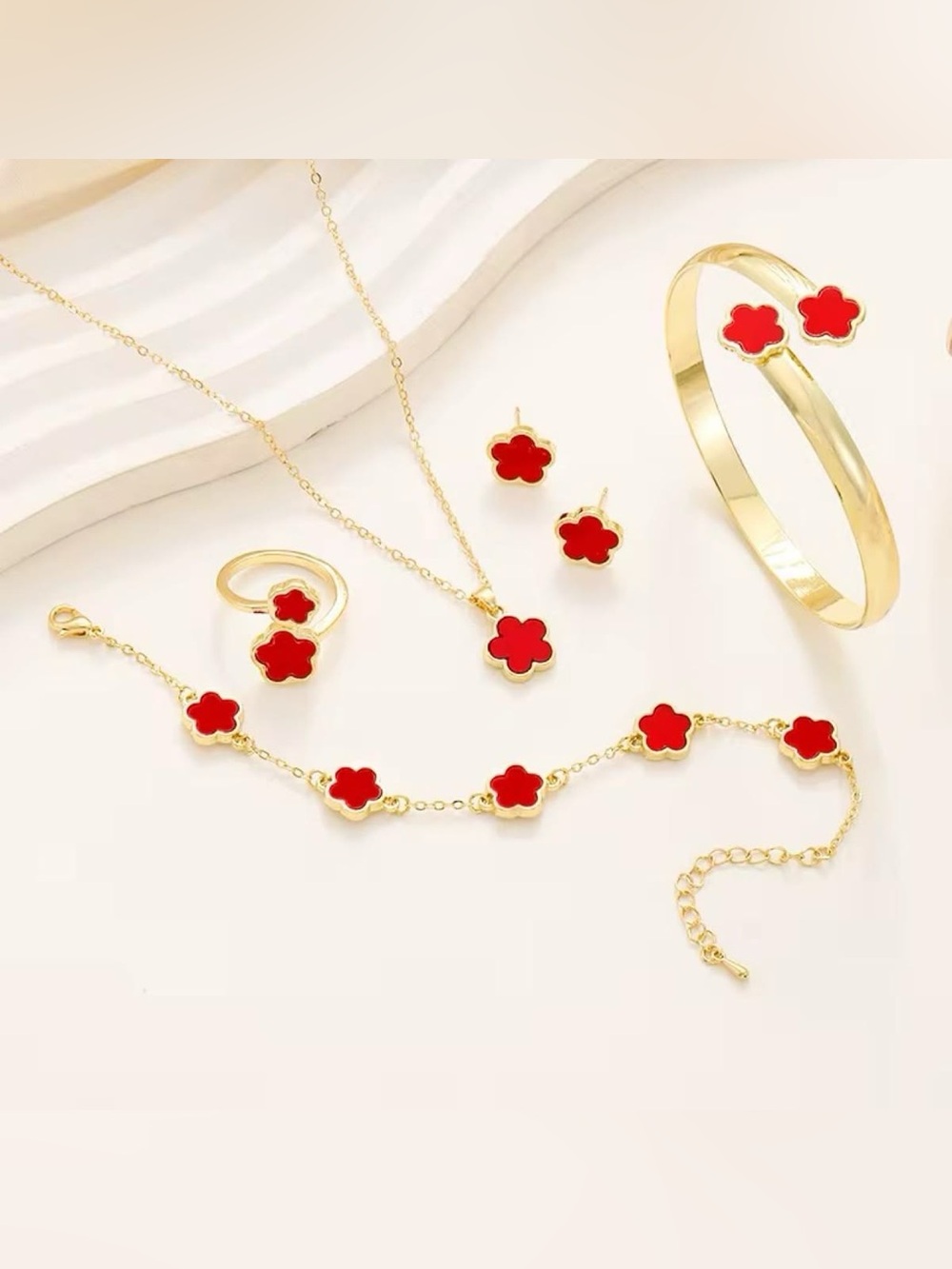 Gold Red Clover Pendant Necklace and Earring Set